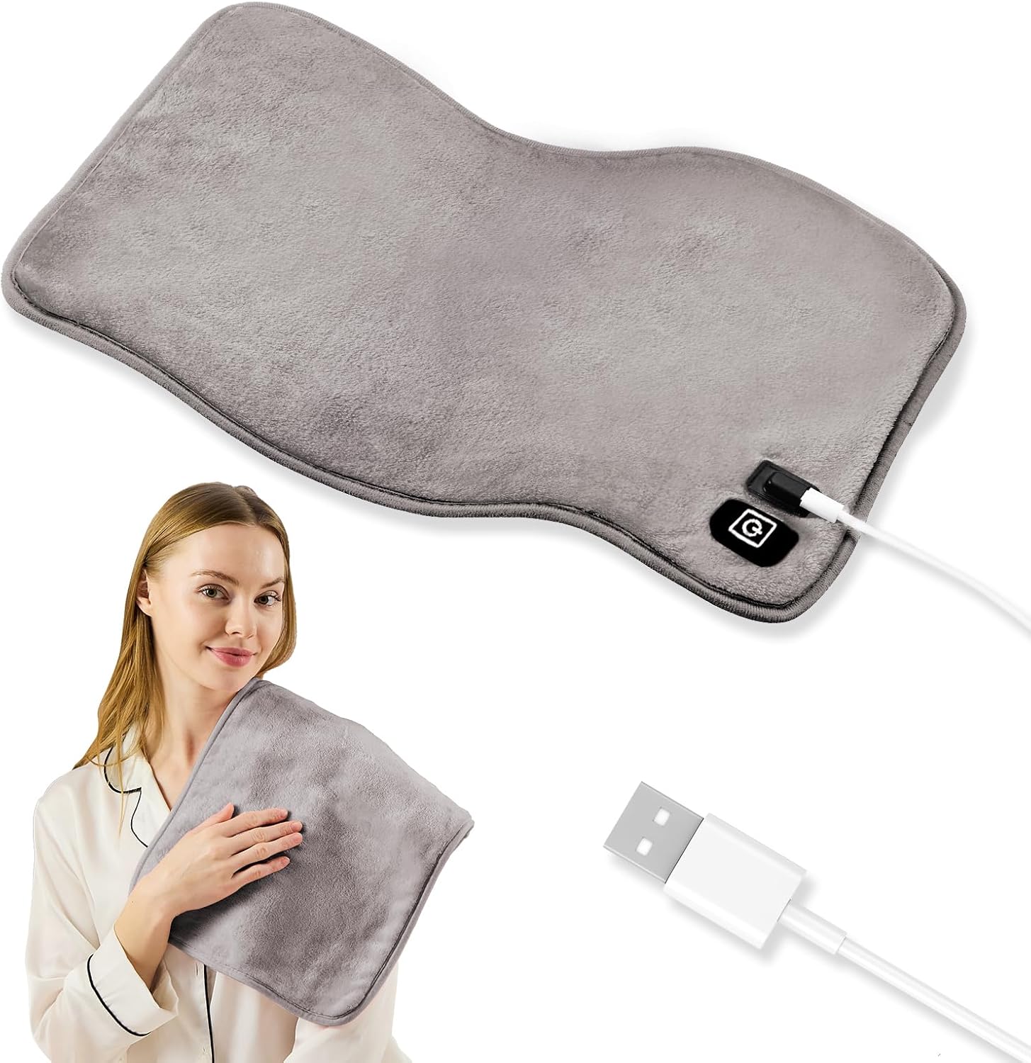 USB Heating Pad, Portable Heating Pad for Travel, 18"x 14" Small 5V Electric Heating Pad, Washable, 3 Heat Settings, Auto Shut Off, Heat Therapy for Period Cramps Back Pain Relief, Grey