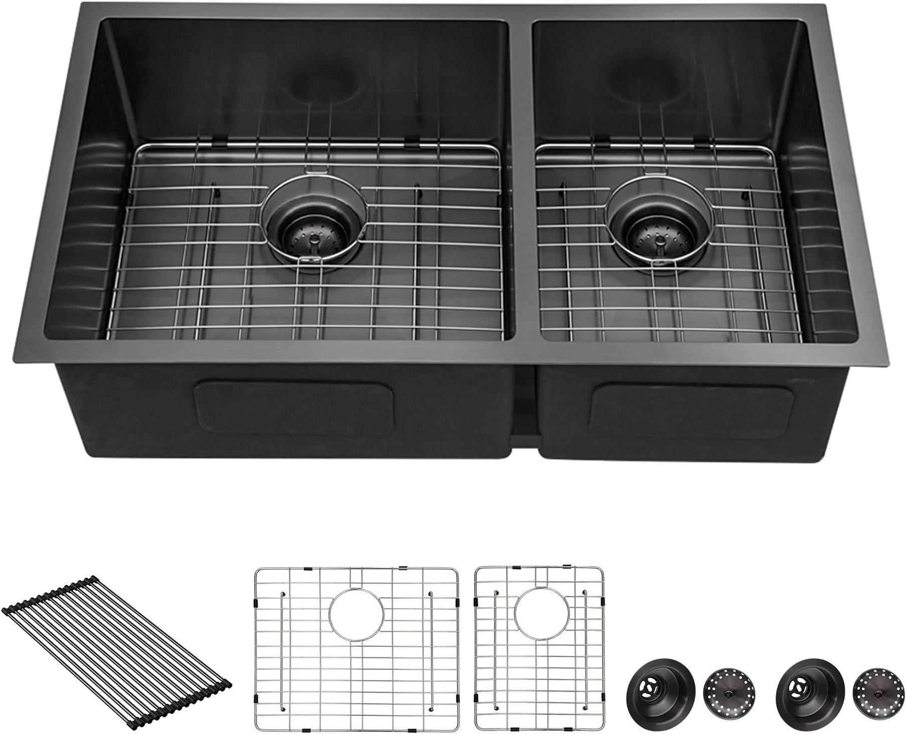 Sarlai 33 Black Double Kitchen Sink Undermount - 33 inch Kitchen Sink Gunmetal Black 16 Gauge Stainless Steel Double Basin 60/40 Undermount Kitchen Sink