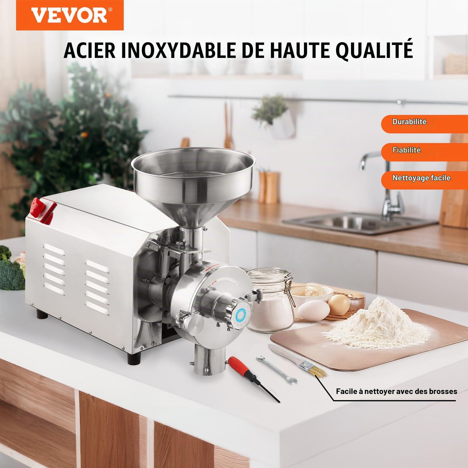 VEVOR Moulin à Grains Électrique pour Soja, Broyeur à Épices Commercial 3000 W Haute Vitesse, Moulin à Farine 100 kg/h, en Acier Inoxydable, pour Moudre Rapidement Épices Herbes Poivres Maïs Arachides