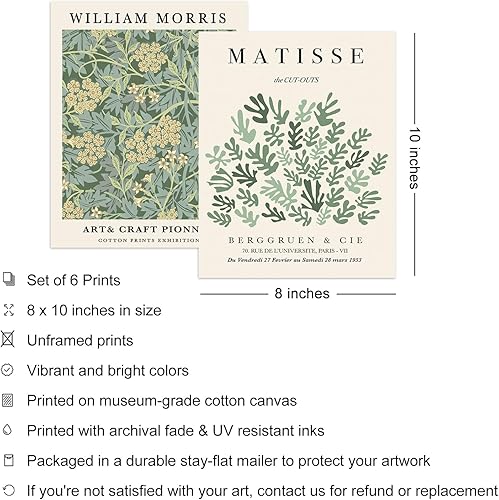 Miniatura 2 de Iknostine Juego de 6 impresiones artísticas de pared de artistas famosos Matisse abstractas de color verde, póster estético en lienzo con diseño de