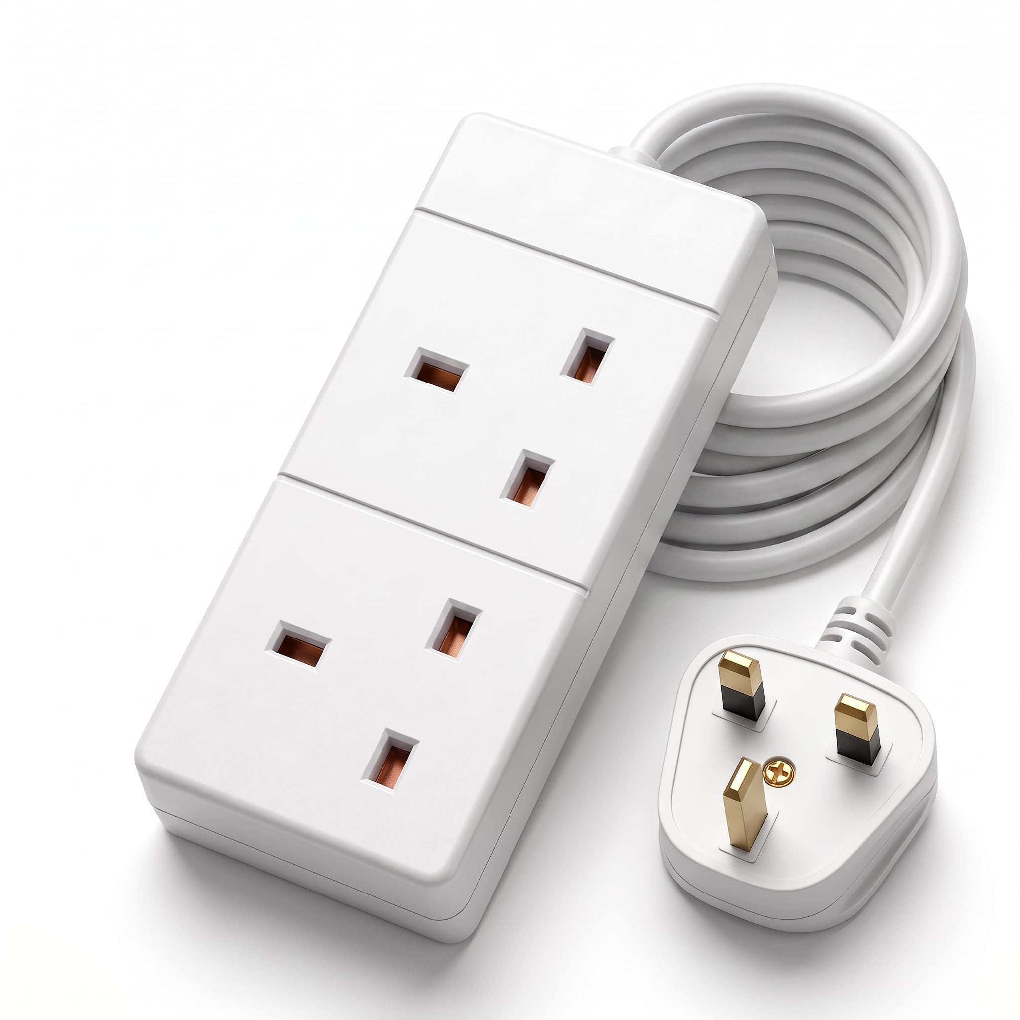 2 Way Extension Lead White 2 Metre Heavy Duty UK Plug Extension Lead Multi Socket Power Strip, Suitable for Home & Office Appliances.