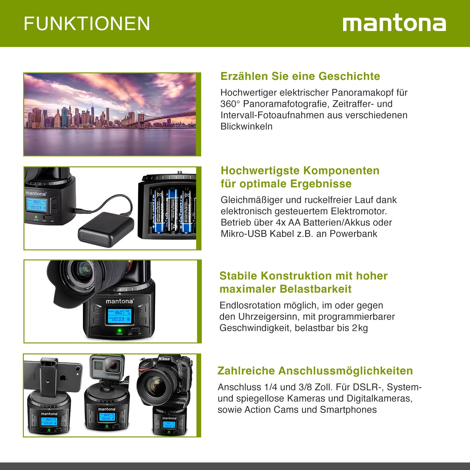 Mantona Elektrischer 360° Panoramakopf – Programmierbar Für Zeitraffer, 2 Kg Tragkraft, Mit Adaptern
