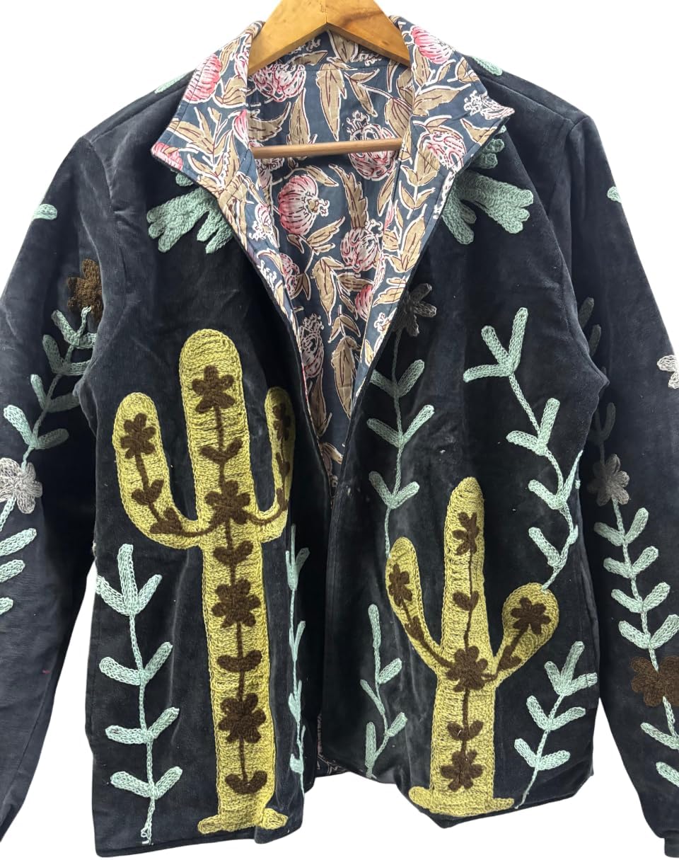 Embroidered Velvet Jacket, Black, Cactus and Floral Design, Long Sleeve, Reversible Collar