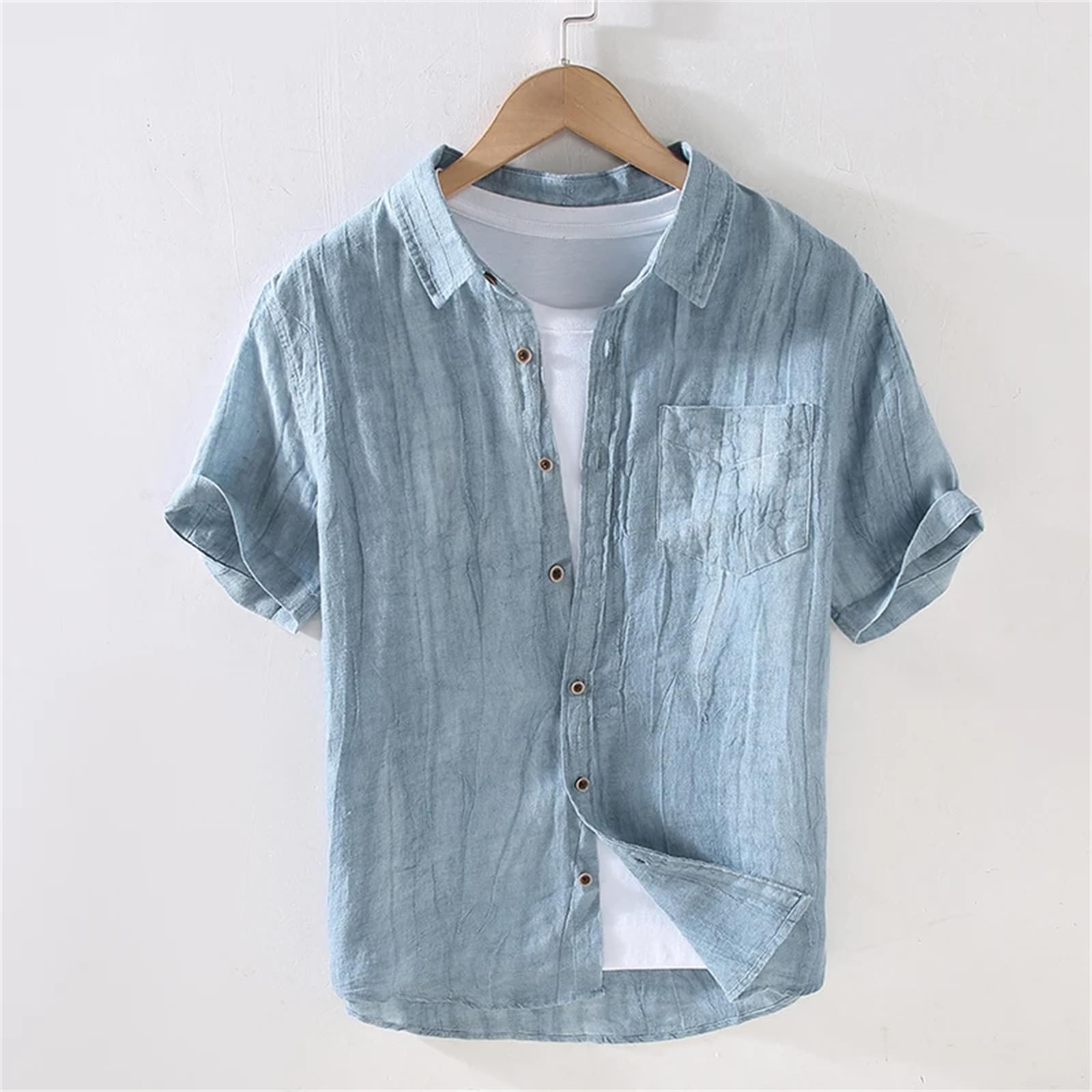 Camicia monopetto da uomo in tessuto di lino leggero con risvolto e risvolto alla moda giovanile