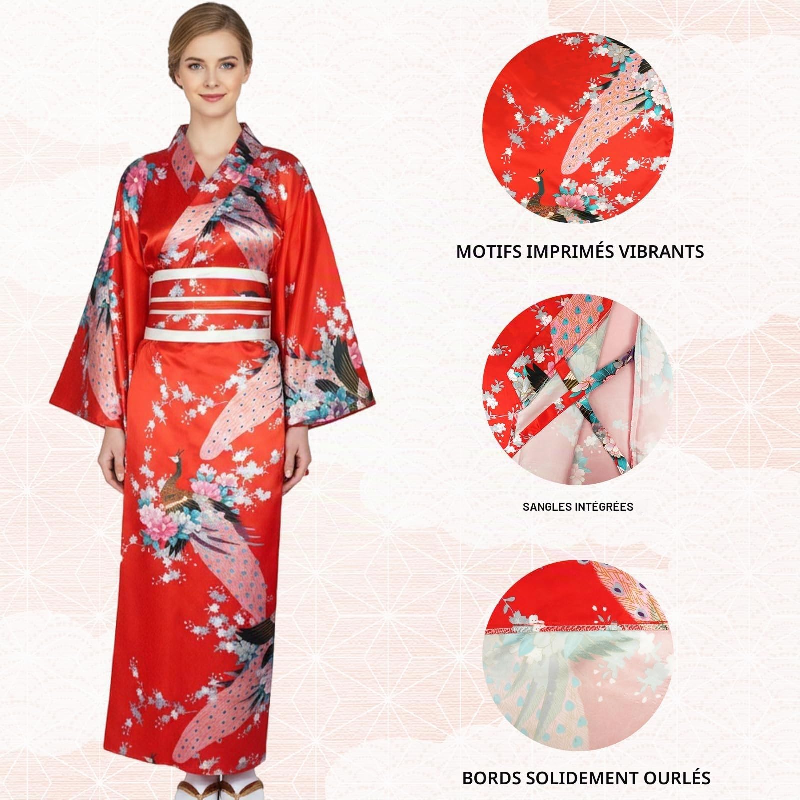 Ensemble Kimono Japonais Femme 9 Pièces - Yukata Satin avec Obi, Nœud Papillon, Masque Renard, Éventail, Tabi, Pochette et Barrette - Déguisement Geisha Large pour Carnaval & Cosplay Coffret Cadeau