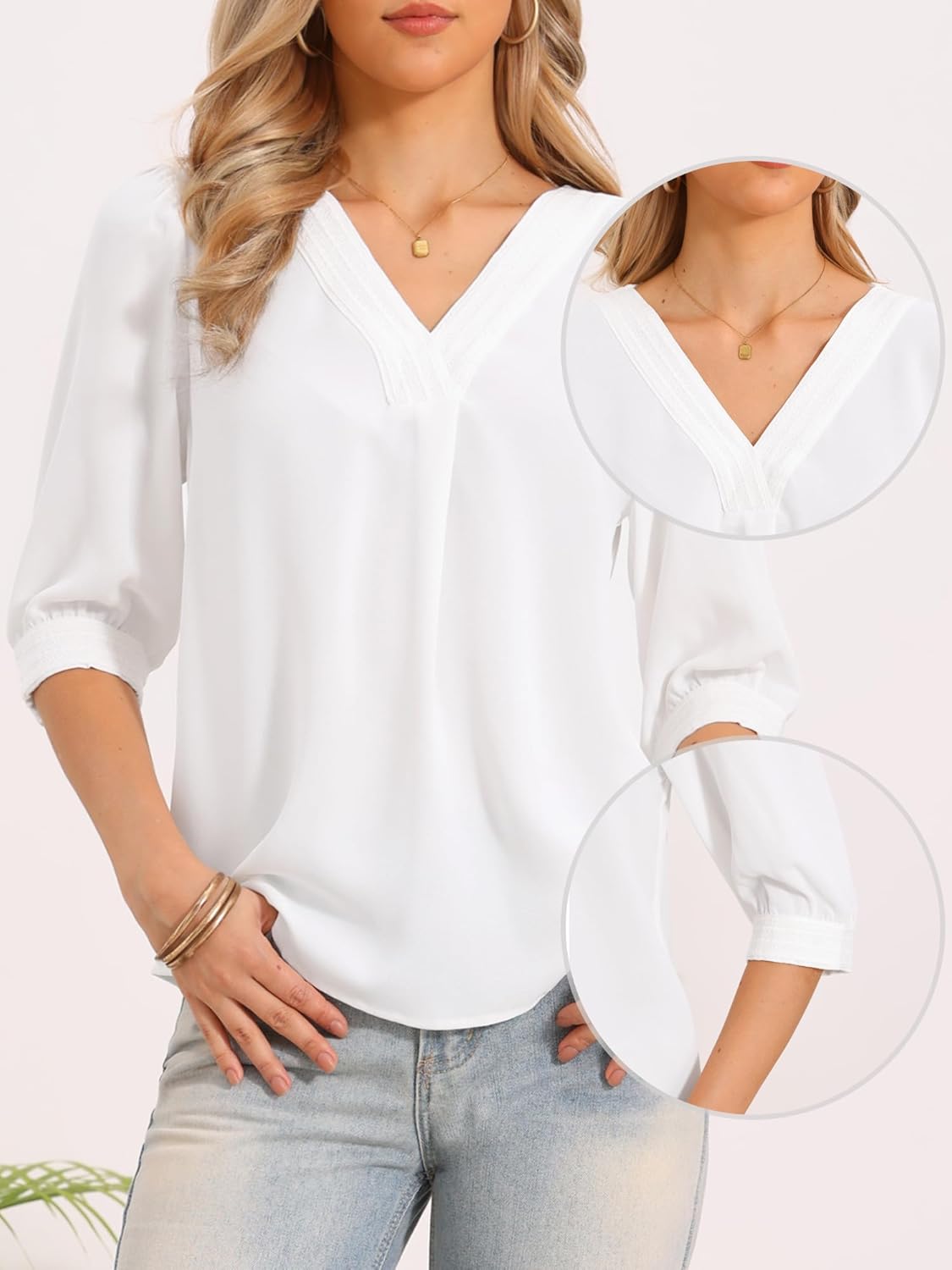 Allegra K Business Casual Tops for Women V Neck 3/4 Sleeve Summer Top Chiffon Blouses - Image 4