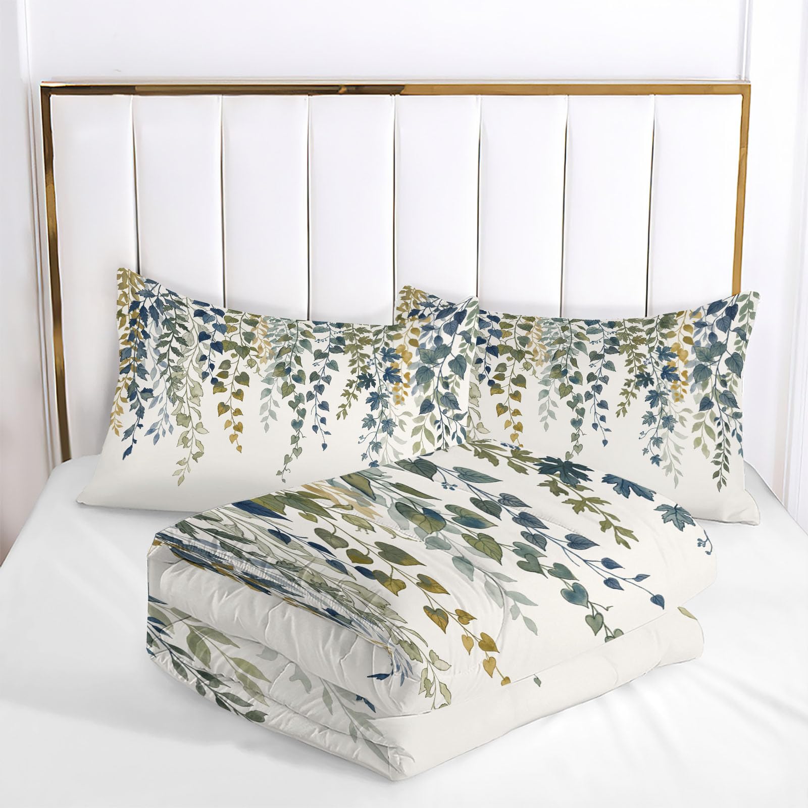 Bettdecke 220X240 cm 4 Jahreszeiten, Olivgrün Handbemalte Pflanzen Steppdecke, Weinende Blätter Warme Ganzjahresdecke Bettdecke Ohne Bezug Waschbar Schlafdecke Mit 2 Kissenbezug