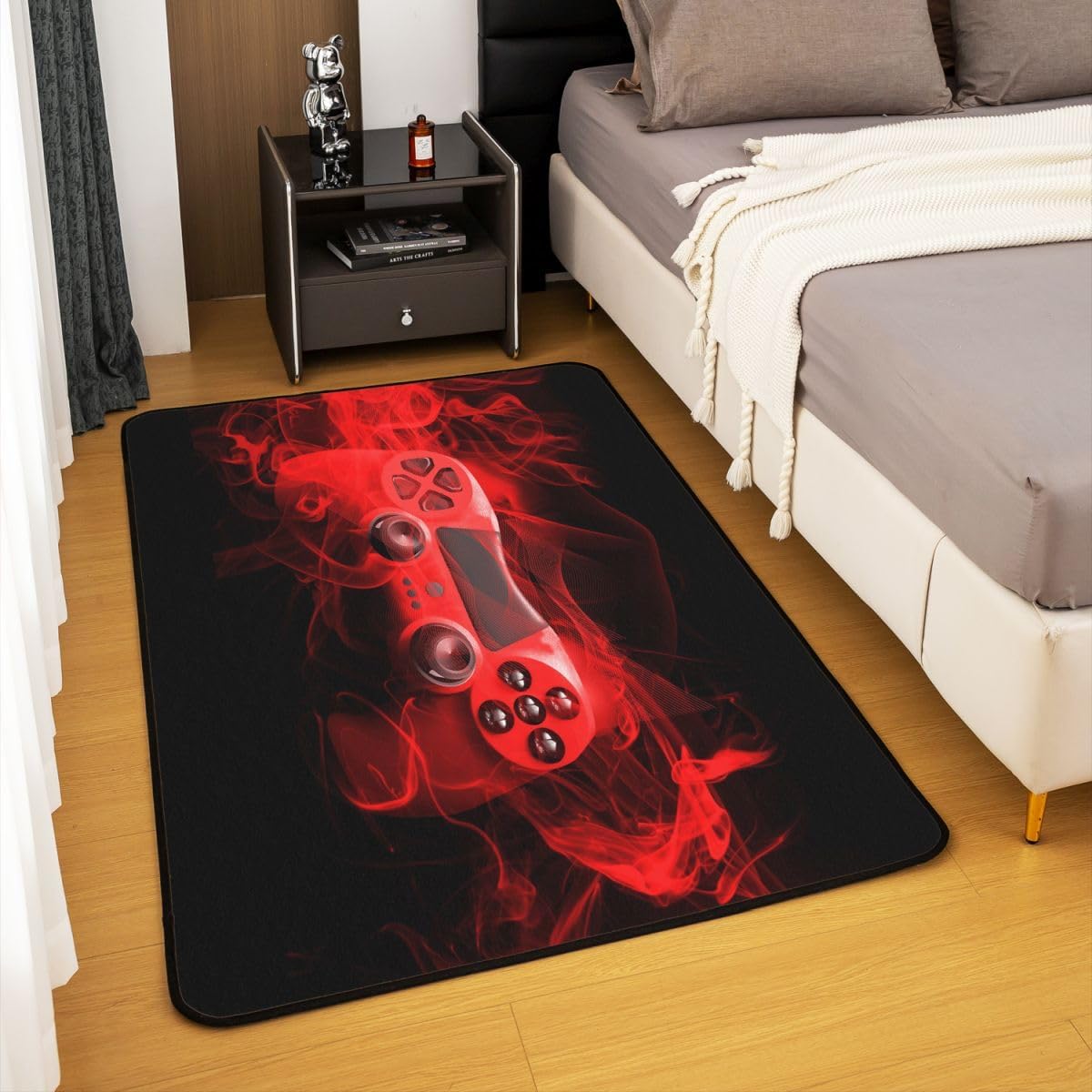 Gaming Area Rug 4x5 Mat Gamer Video Game Non-Slip Accent Rug Red Black Gamepad Game Cobtroller Rugs for Living Room Bedroom Ultra Soft Machine Washable Game Action Buttons Area Carpet