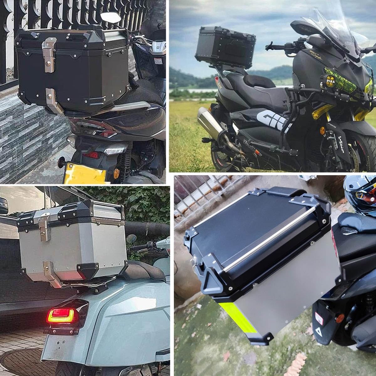 Baúl de Aluminio para Moto 45L 55L 65L 80L 100L, Maleta Top Case Impermeable, Maletero de Motocicleta, Caja para Scooter con Placa de Montaje y Respaldo (Plata, 55 L)