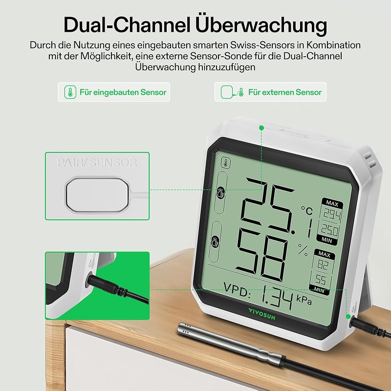 VIVOSUN AeroLab THB1S Bluetooth Hőmérő és Páratartalom Mérő, LCD Kijelzős Terrárium Monitor, VPD Mérés, Adatrögzítés, Külső Szenzorral