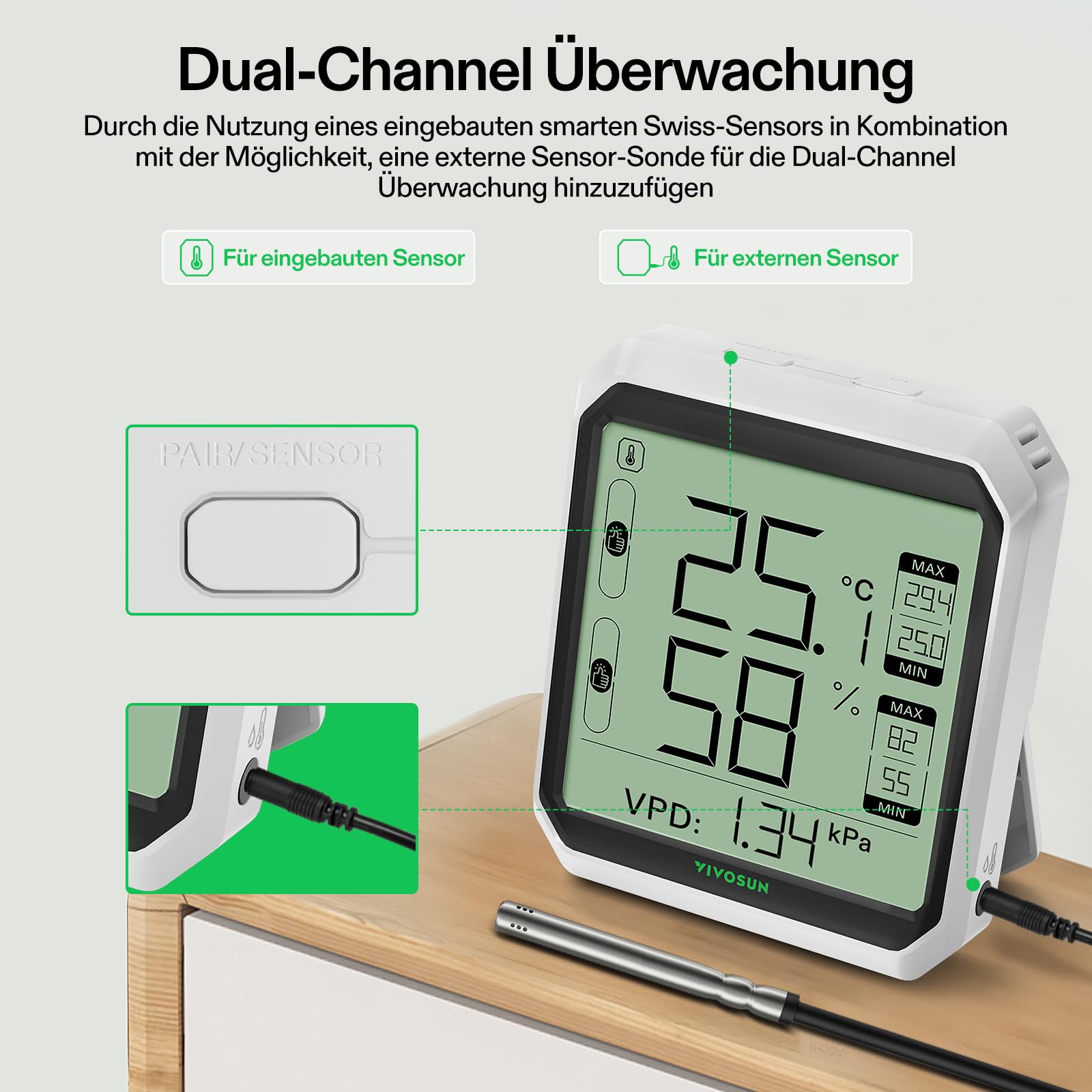 VIVOSUN AeroLab THB1S Drahtloses Bluetooth Hygrometer Thermometer, Digitaler Temperatur- & Feuchtigkeitsmesser mit VPD, LCD-Display, Datenspeicher, Dualkanäle mit Sonde, Batterie