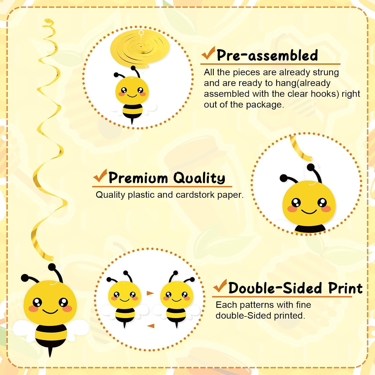 20PCS Bumble Bee Hanging Swirl Decorations, Bee Party Hanging Swirls Foil Ceiling Streamers Honey Bee Themed Party Supplies for Birthday Baby Shower Gender Reveal Bee Party Decoration