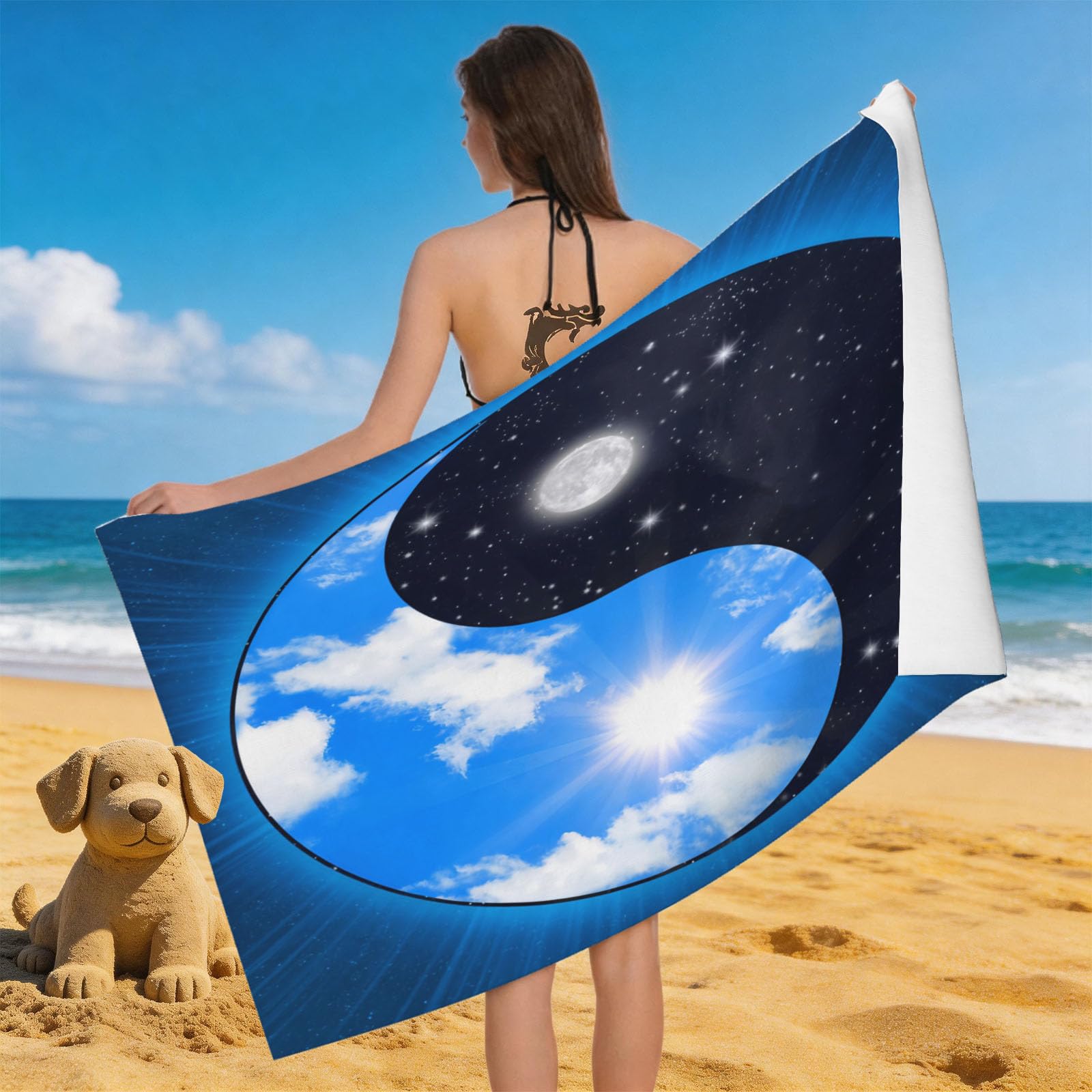 Leichong 3D Yin Yang Beach Towel Microfiber Soft Quick Dry for Adults, Starry Effect Bath Towel Lightweight Soft Absorbent for Travel Swimming Pool Sports, 75 x 150 cm