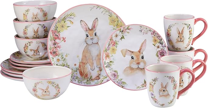 Unknown1 16 Pc Dinnerware Set Service for 4 Multi Color Off/White Pink Holiday Casual Farmhouse Round Ceramic Piece Dishwasher Safe Microwave