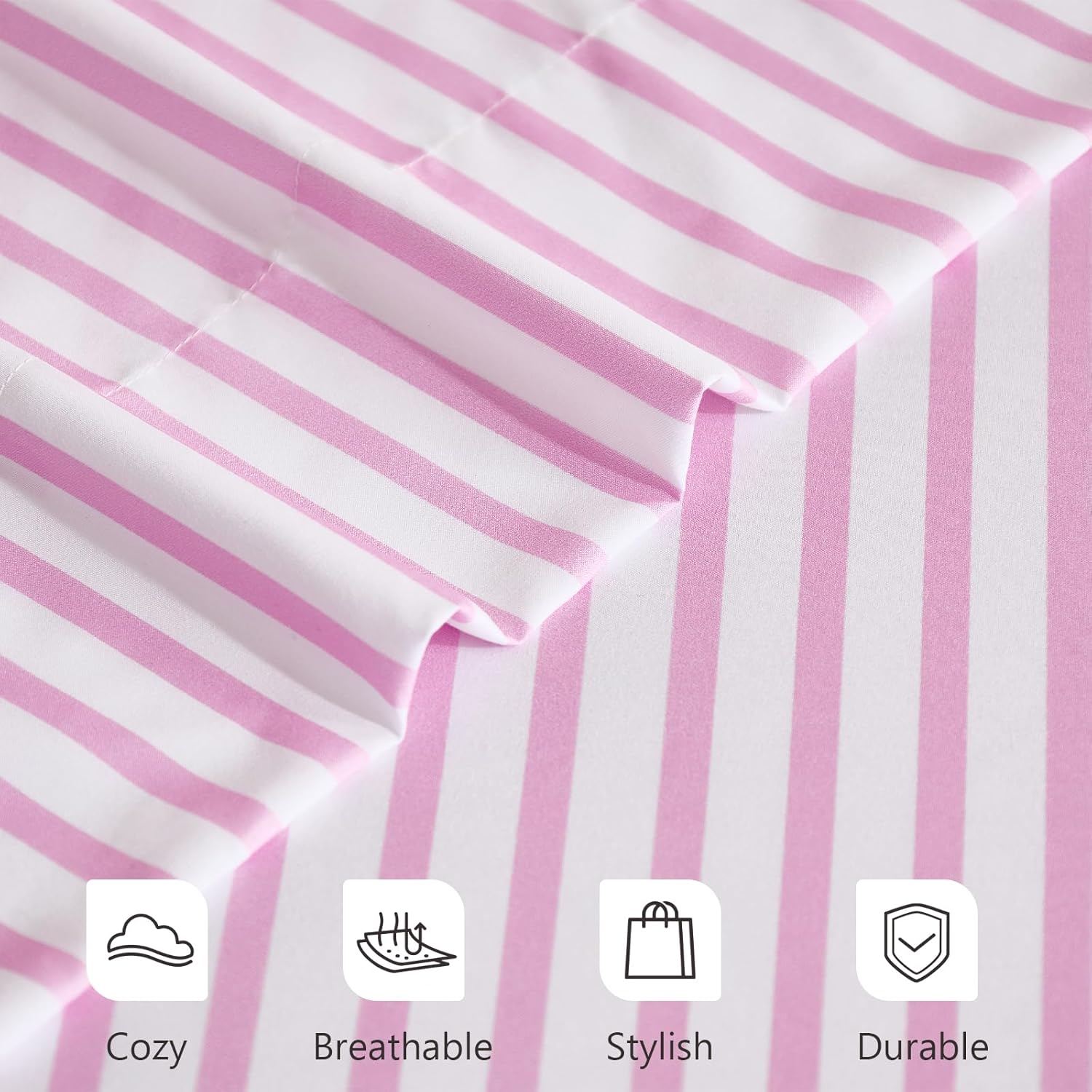 MCO 4Pieces Striped Sheets Set, Breathable Queen Sheet Set with 16" Deep Pocket,Modern & Luxury, Brushed Microfiber Bedding Set(Queen, Pink Simple)