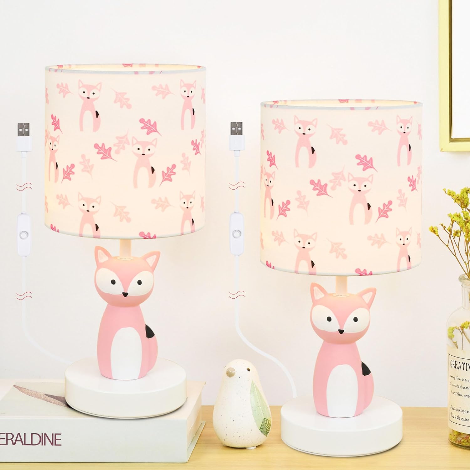 Lampwell Fox LED Table Lamps with USB Port DC5V,Set of 2,Pink Kids Table Lamp,Night Light for Kids Room,Nursery,Bedroom,Kitchen Counter,Gameroom,Φ5.91×H12.88IN,Hand-Made