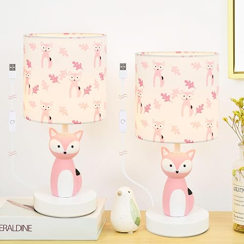 Lampwell Fox LED Table Lamps with USB Port DC5V,Set of 2,Pink Kids Table Lamp,Ni
