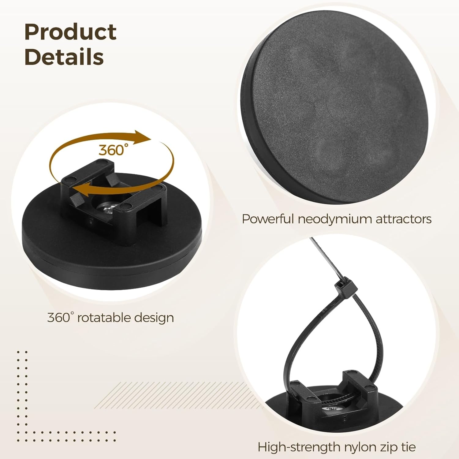 Large Magnetic Cable Zip Tie Mounts, Black. (20 Pack). 100 Black Cable Zip Ties Included, Multipurpose Magnetic Cable Holder for Cable Management, Wire Management Bases, Wire Cable Clips(1.69in)