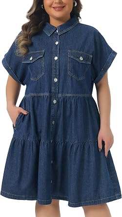 Agnes Orinda Plus Size Denim Babydoll Dress for Women Button Down Short Sleeve Tiered with Pockets Jean Dress