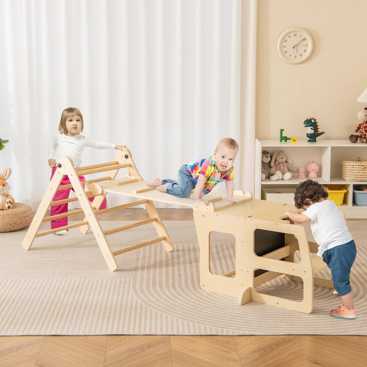 GOPLUS 7 en 1 Triángulo de Escalada Montessori para Niños de 3-14 Años+, Juego de Escalada Plegable con Rampa de Doble Cara, Torre de Apendizaje y Pizarra, Ayudante para Cocina, Mesa y Silla