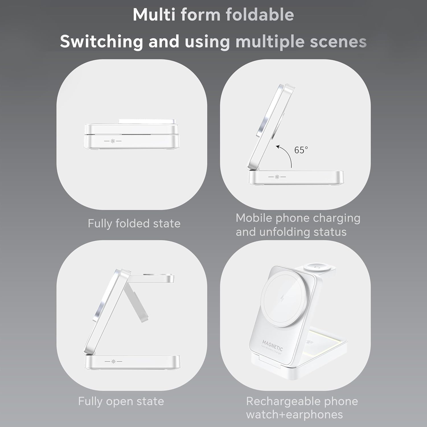 MALOM W91 3-in-1 Multifunctional Wireless Magnetic Charger for iPhone, Apple Watch, AirPods, Foldable, Nightlight (White)