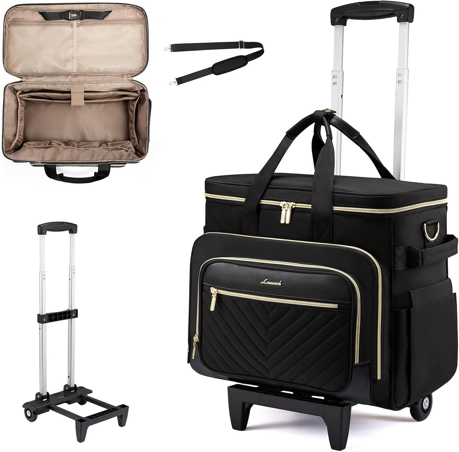 LOVEVOOK Rolling Teacher Bag with Detachable Dolly and Laptop Compartment, Large Rolling Tote Bag fits for 17.3" Laptop for Teacher Office Work Craft Nurse, Quilted-Black