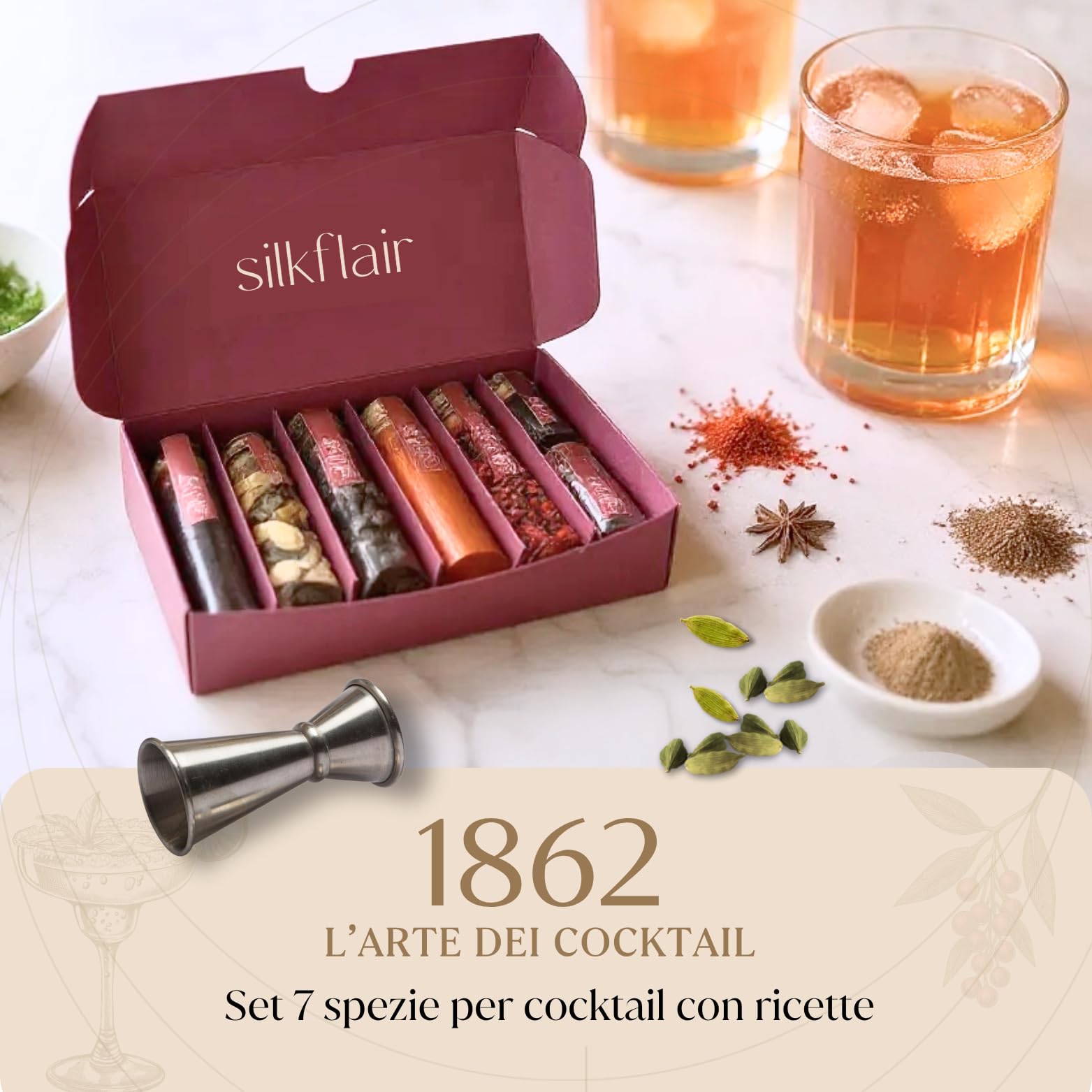 Silkflair "L'arte dei cocktail" (con zafferano in pistilli) Set spezie per cocktail e gin botanicals | Box premium con 7 spezie pregiate e 7 ricette originali