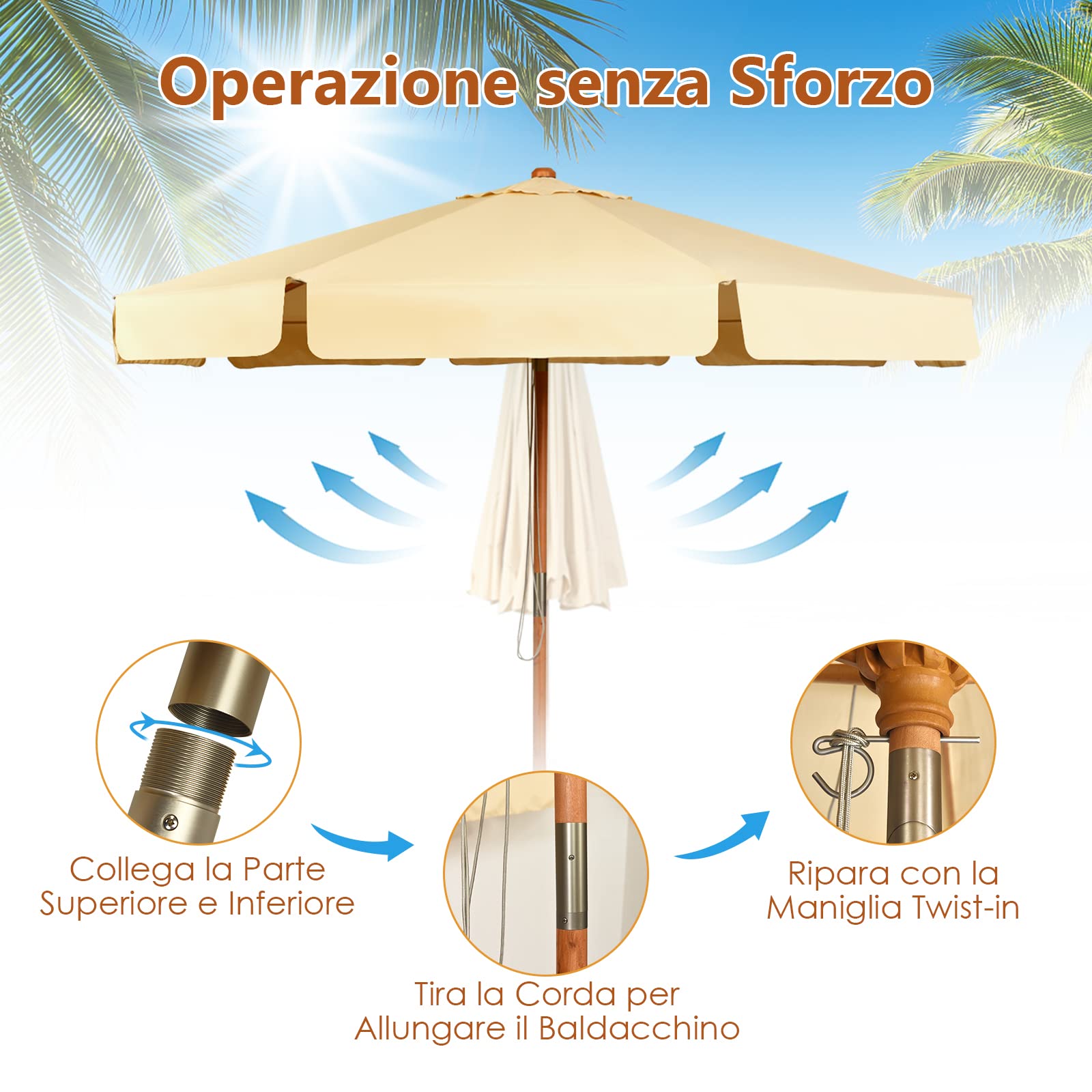 RELAX4LIFE Ombrellone da Giardino 3 x 3 M Rotondo, Ombrellone da Esterno con Tela Impermeabile e Anti-Sole, Struttura in Legno, Altezza e Inclinazione Regolabile (Beige)
