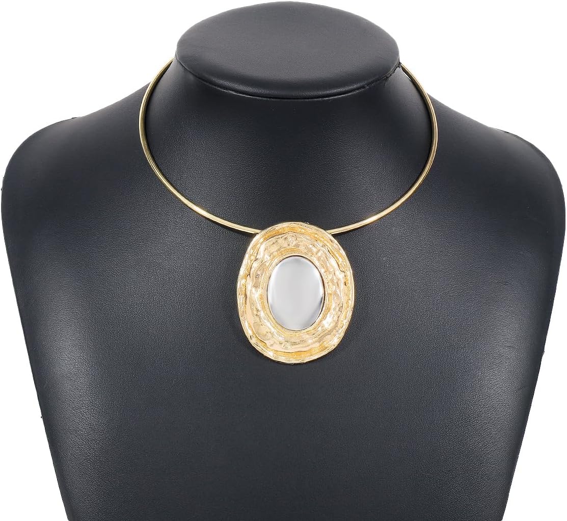 Chunky Statement Necklaces - African Choker Necklace with Gold Oval Pendant,Tribal Collar Necklace Hammered Metal Jewelry for Women
