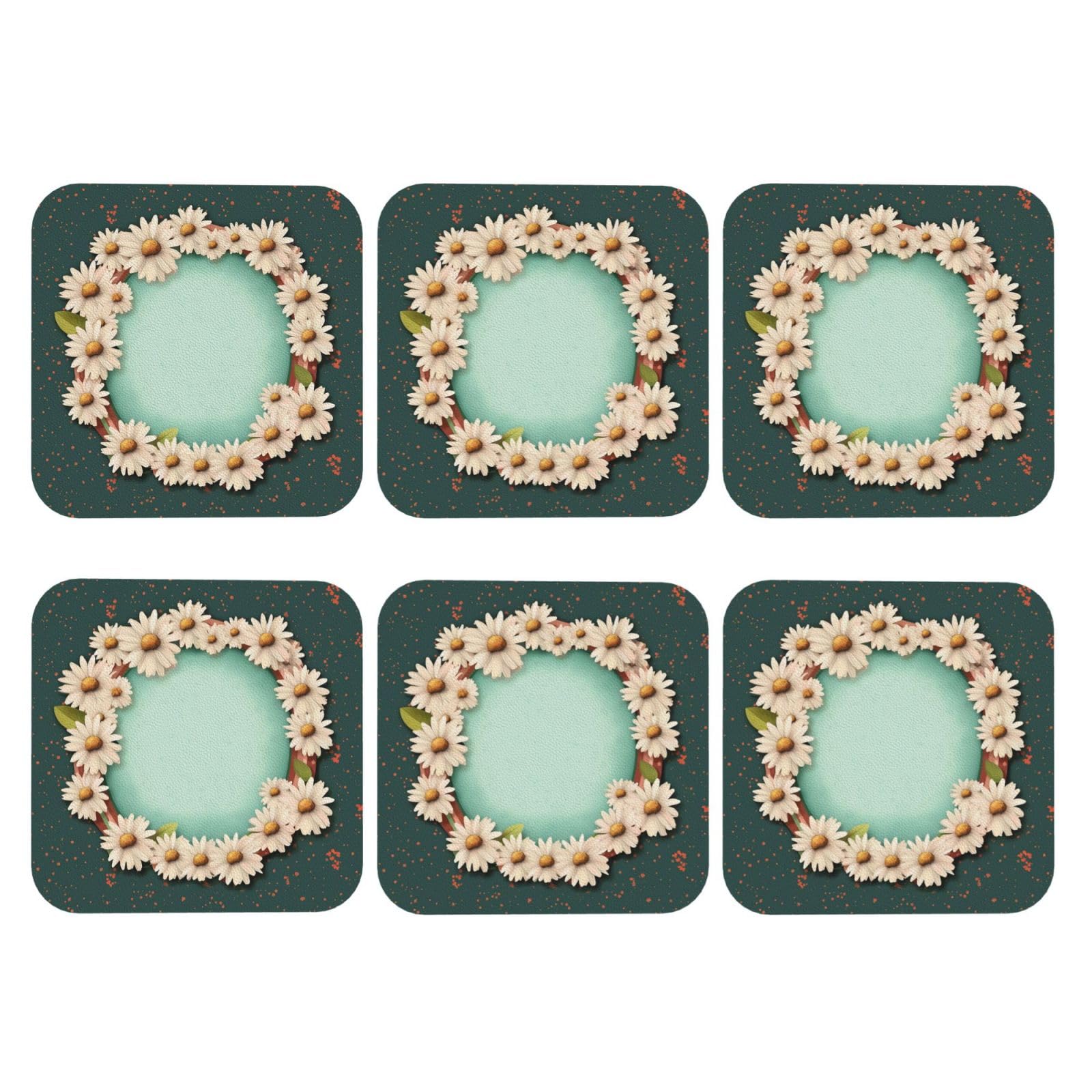 6pcs Leather Coasters for Drinks, with Daisies and Frame Drink Coasters for Tabletop Protection, 4" Cup Coasters for Coffee Table Decor, Non-Slip Drinking Cup Mat for Hot Or Cold Drink
