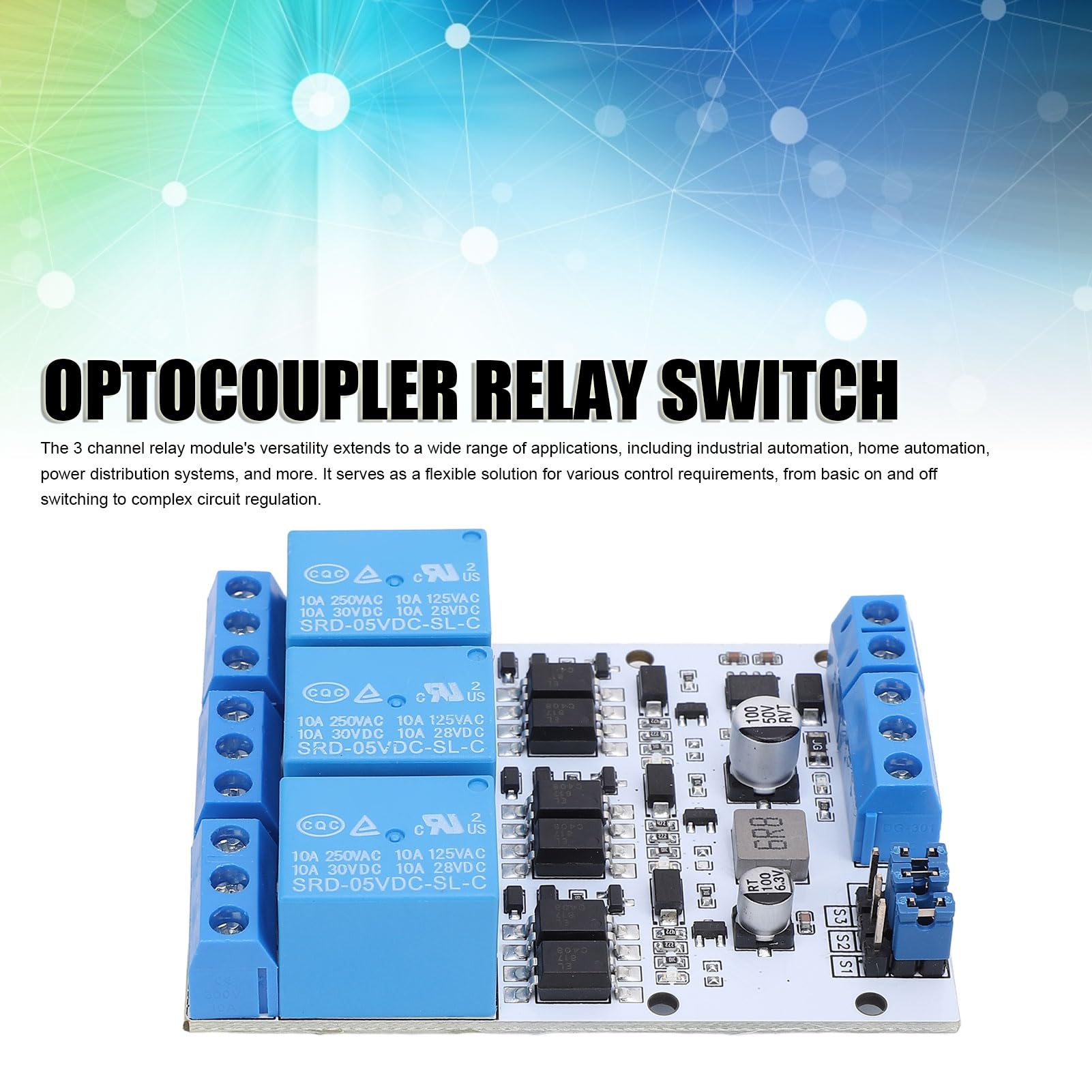 Optocoupler Relay Switch, 3 Channel GPIO Relay Module with Overcurrent Guard for Industrial Automation, Home Automation, Power Distribution Systems