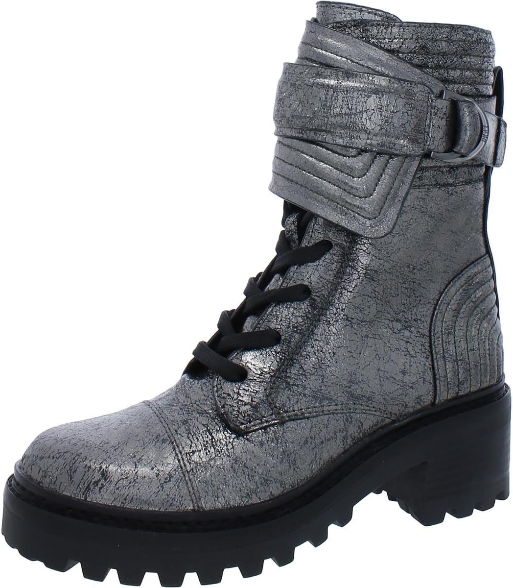 DKNY Womens Basia Leather Combat & Lace-up Boots Silver 6.5 Medium (B,M)