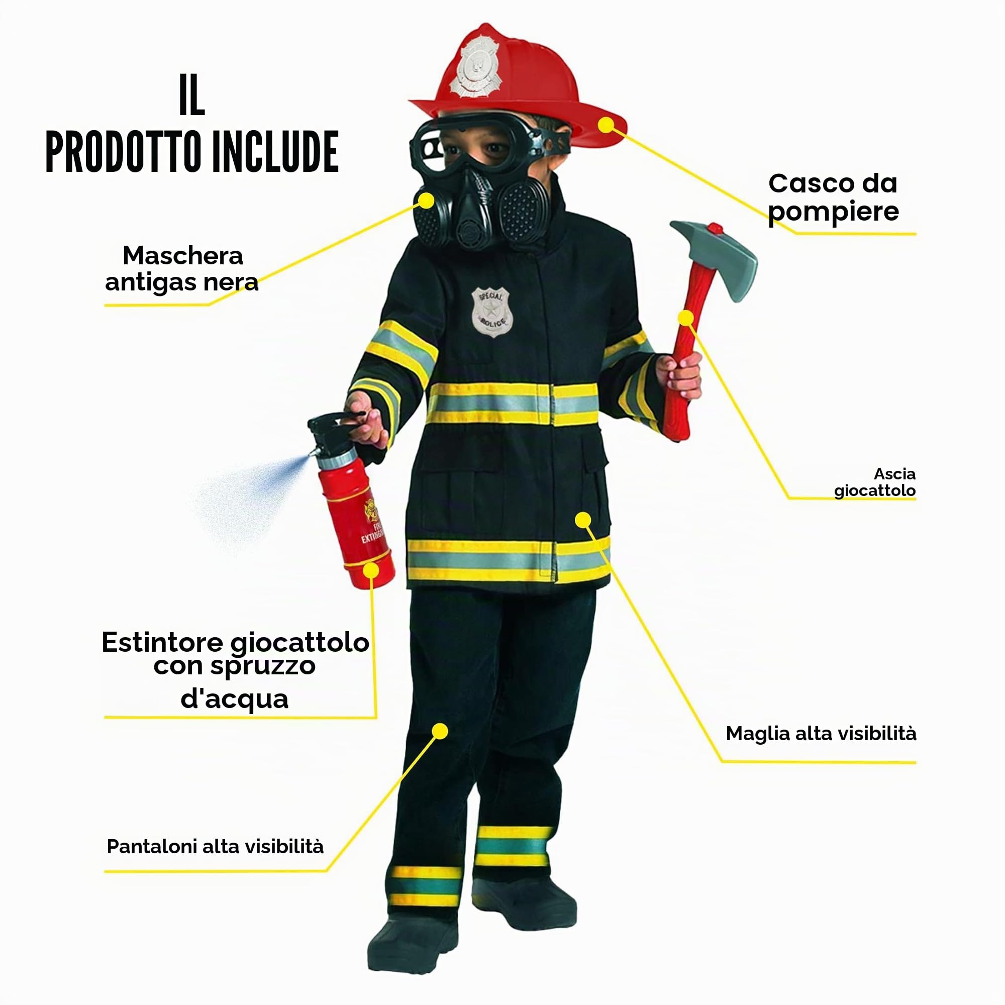 Morph Costume Pompiere Bambino, Costume Halloween Bambino | Giacca con Bordi Riflettenti, Pantaloni, Casco & Estintore, Perfetto per Halloween, Ideale per il Gioco di Ruolo