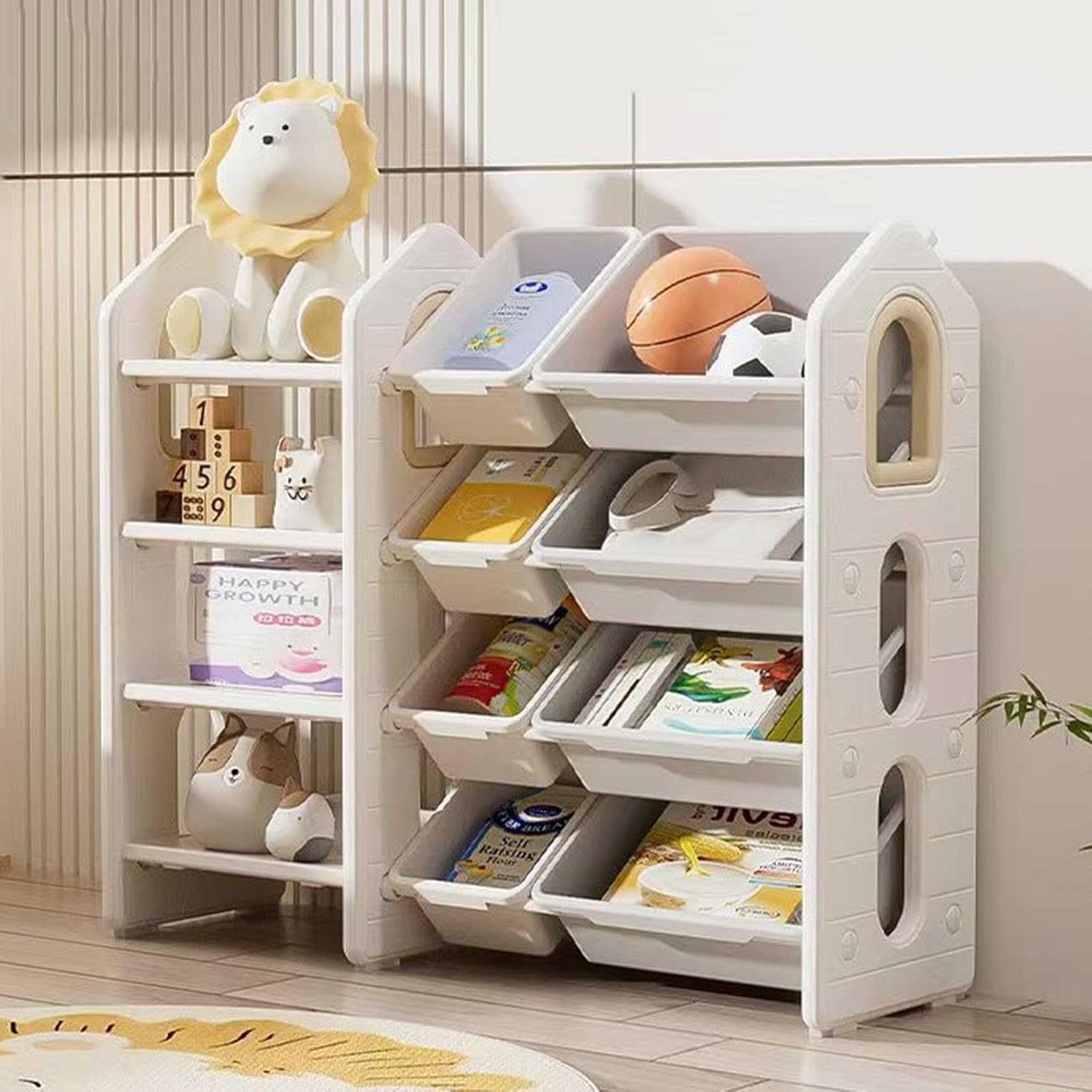 4-Tier Kids' Toy Storage Organizer Shelf with 8 Plastic Bins and 4 Storage Ports Nursery Room Organizer Bedroom Decor Essentials(White)