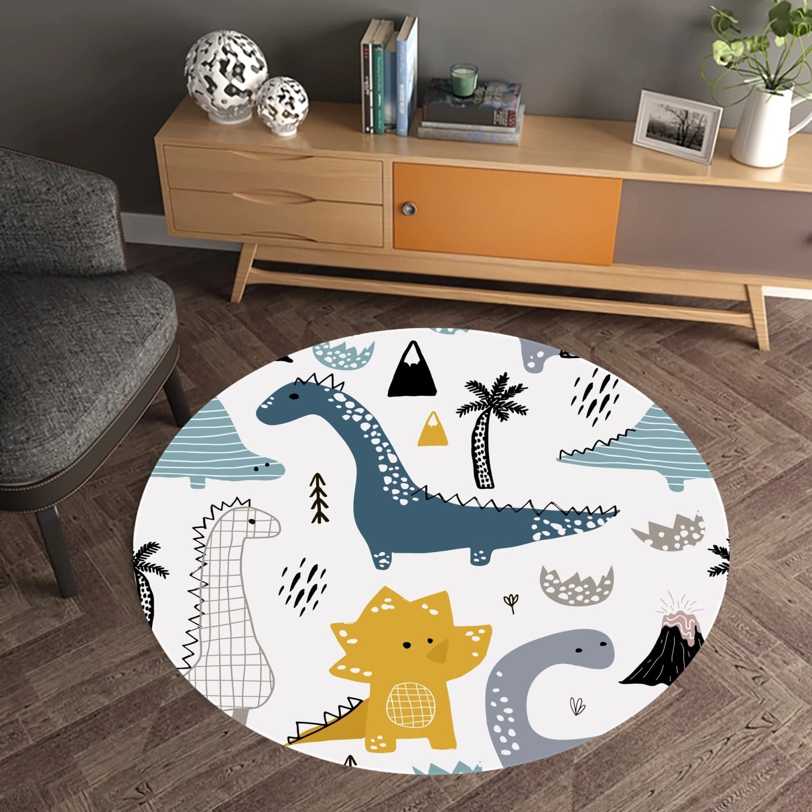 Nowoczesny dywanik designerski dywan uroczy dinozaur do sypialni i dekoracji domu 90 x 90 cm okrągły