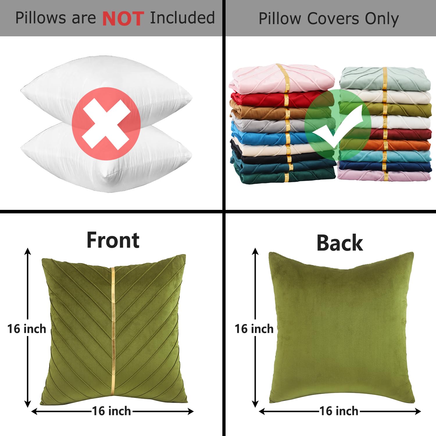 Tosleo Olive Green Velvet Throw Pillow Covers 16x16 Pack of 2 with Gold Leather,Decorative Couch Pillowcases Luxury Modern Pillow Cover for Living Room Bedroom Sofa Cushion Bed 40x40cm - Image 2