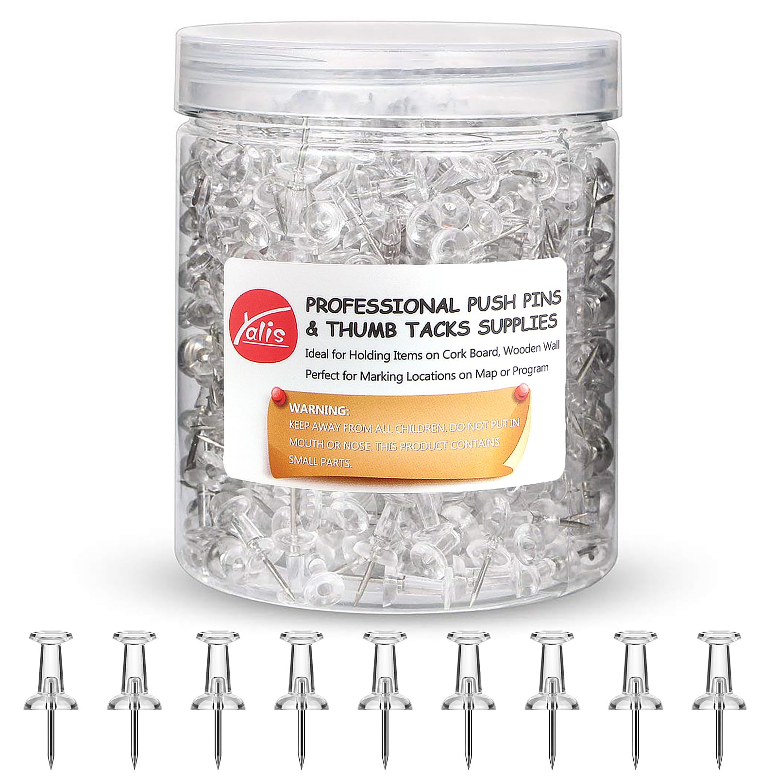 Yalis Push Pins 600 Count, Standard Clear Thumb Tacks Steel Point and Clear Plastic Head