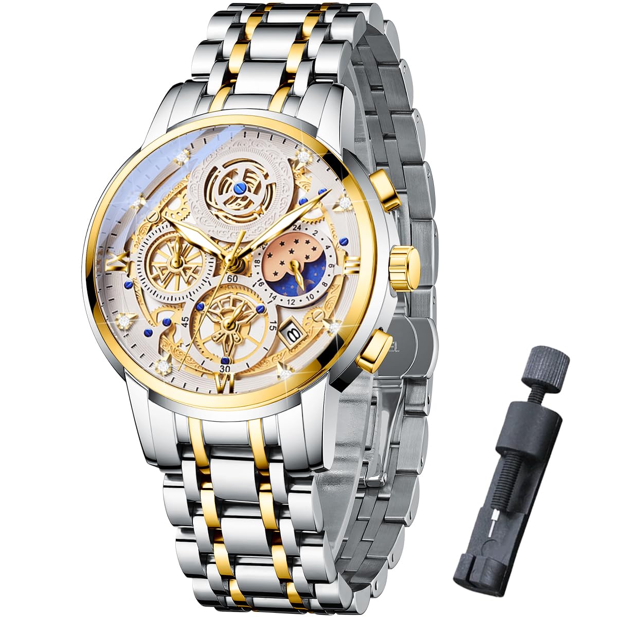 senstone Moon Phase Watch for Men Multifunction Chronograph Dial Analog Quartz Wristwatch Luxury Diamond Business Dress Watch with Luminous Waterproof Calendar Stainless Steel Strap