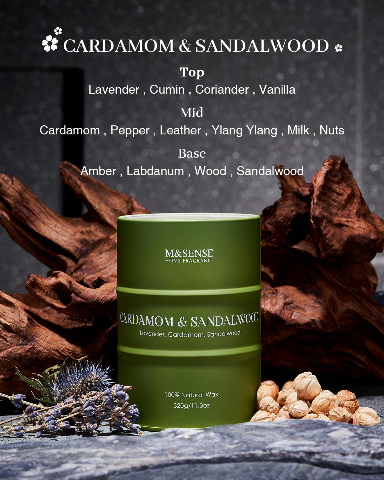 M&SENSE Wood Cardamom Scented Candle, Large 320g Organic Soy Wax, Up to 70 Hours Burn Time - Image 2