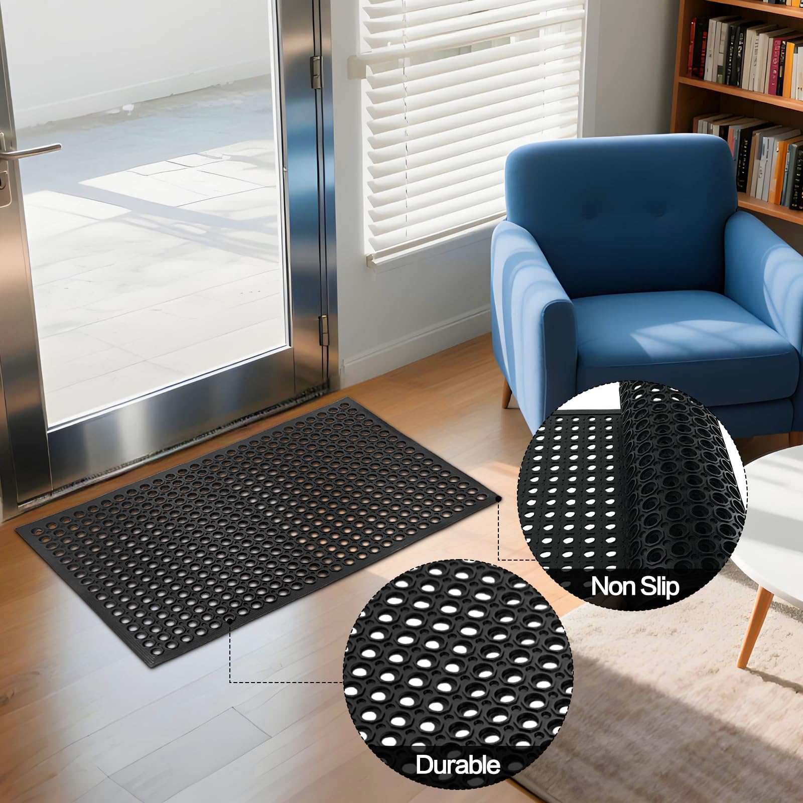 Anti Fatigue Rubber Floor Mats, 24 x 36 Inch Non-Slip Restaurant Mat Door Mat Drainage Mat for Indoor Outdoor Wet Area, Pool Entry, Garden - Black