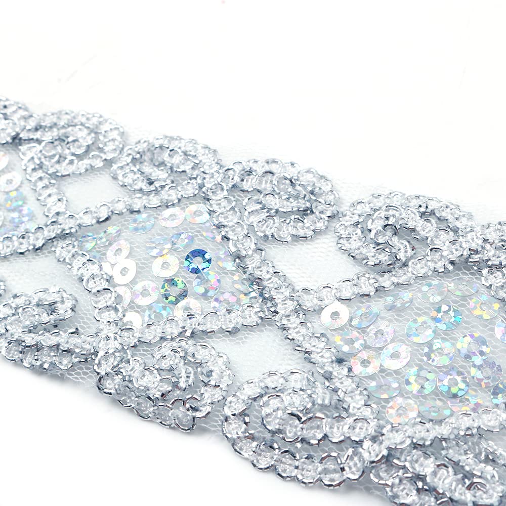 CENPEK 10 Yards 6cm Sequins Lace Mesh Trim Lace Ribbon Applique Sewing Craft Supplies for Clothing Curtain Table Runner Making Decorating (Silver)