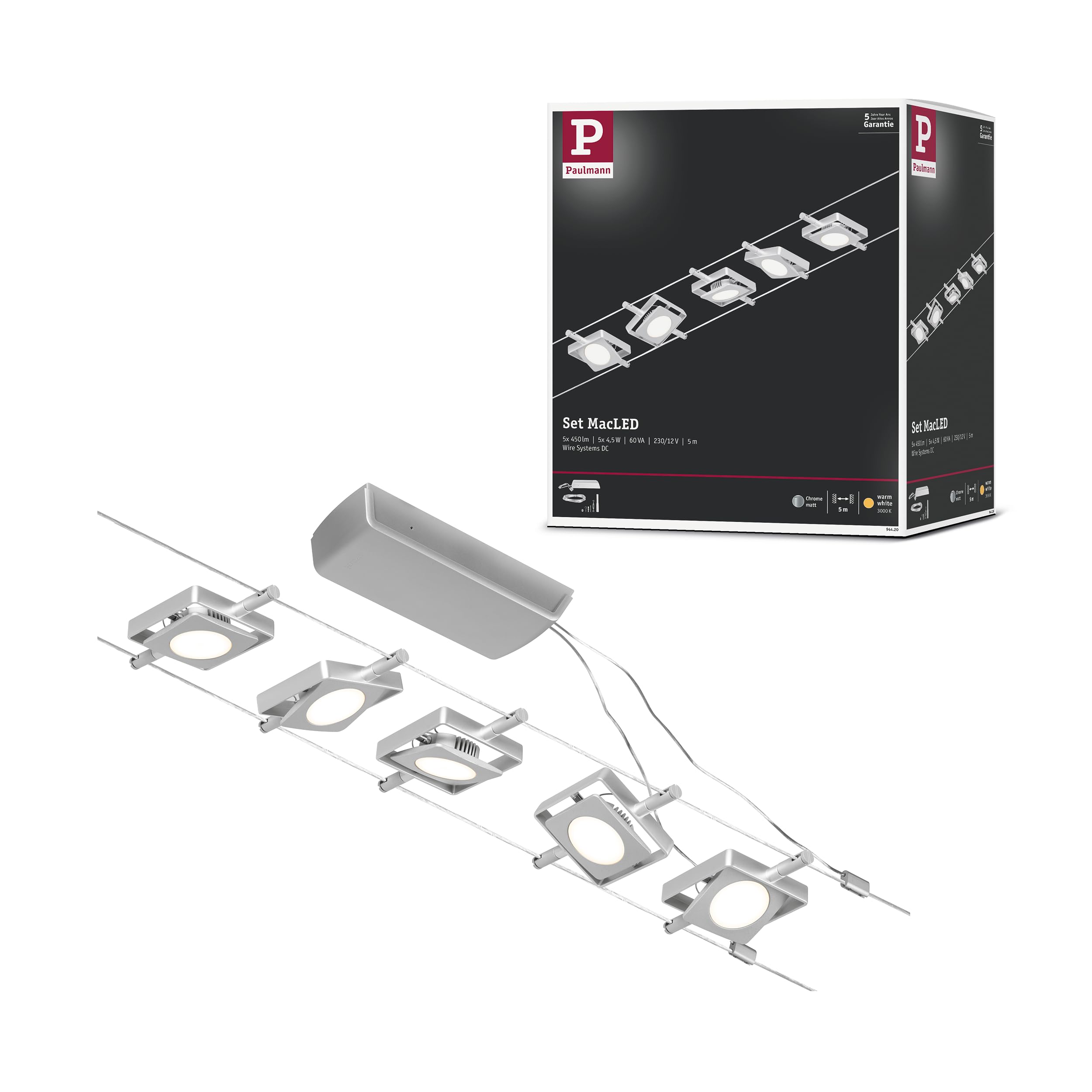 Paulmann 94420 Corduo Kit de système à câble LED RoundMac DC, 5 x 4,5 watts inclus, extensible, chrome mat, chrome, câble métallique, 3 000 K