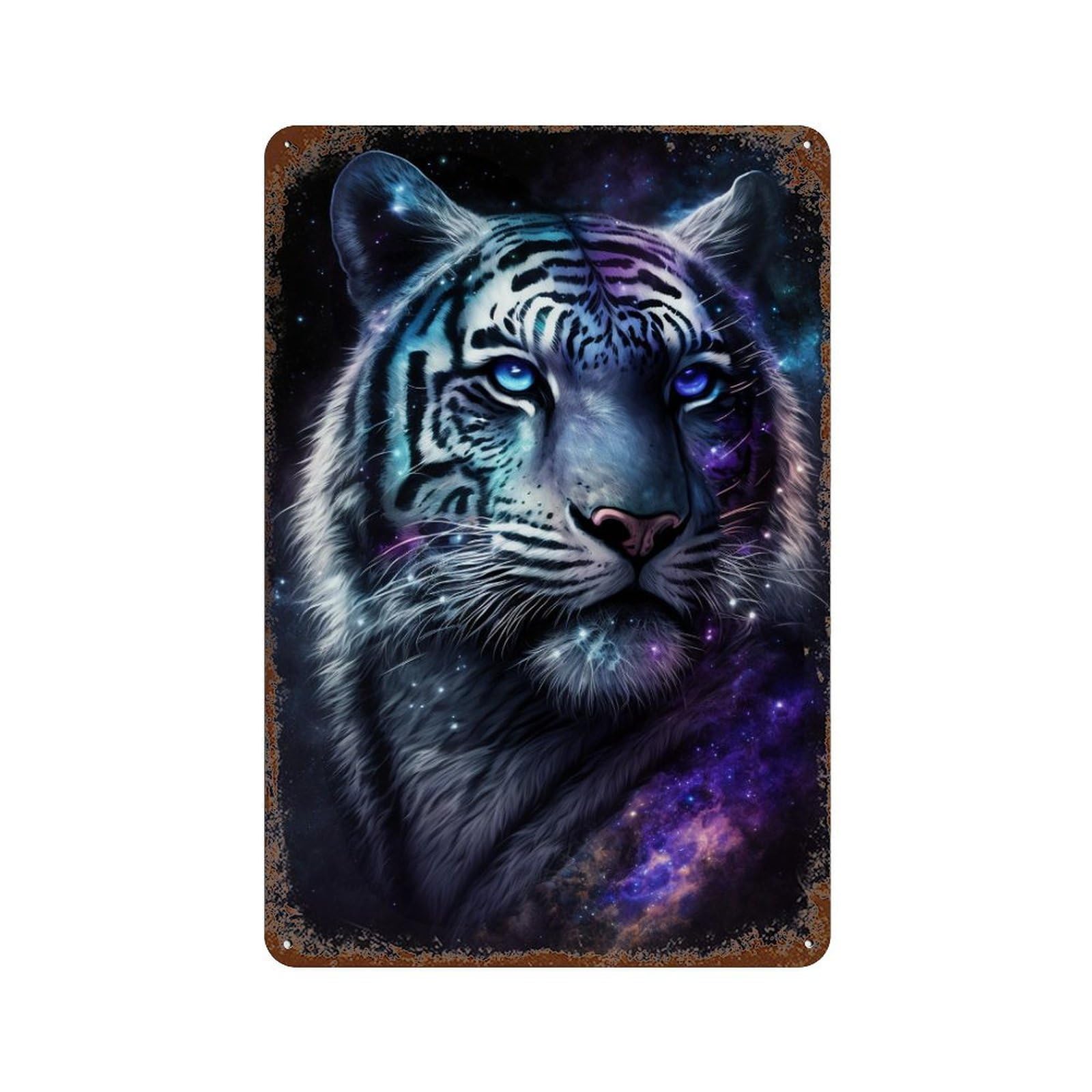 Cosmic Tiger Portrait-12 Distressed Metal Wall Sign 11.8"x7.9", Rustic Home Decor for Living Room, Hallway And Home Decor