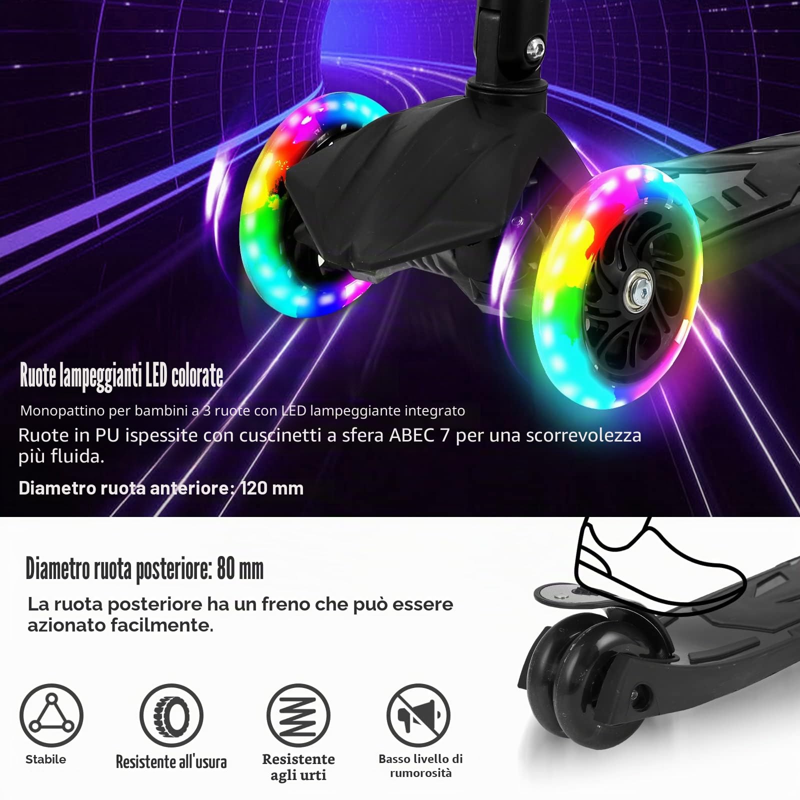 Sonnewelt Monopattino pieghevole per bambini, con 3 ruote a LED e manubrio regolabile in altezza, freni posteriori, fino a 50 kg, per scooter bambini dai 3 ai 14 anni
