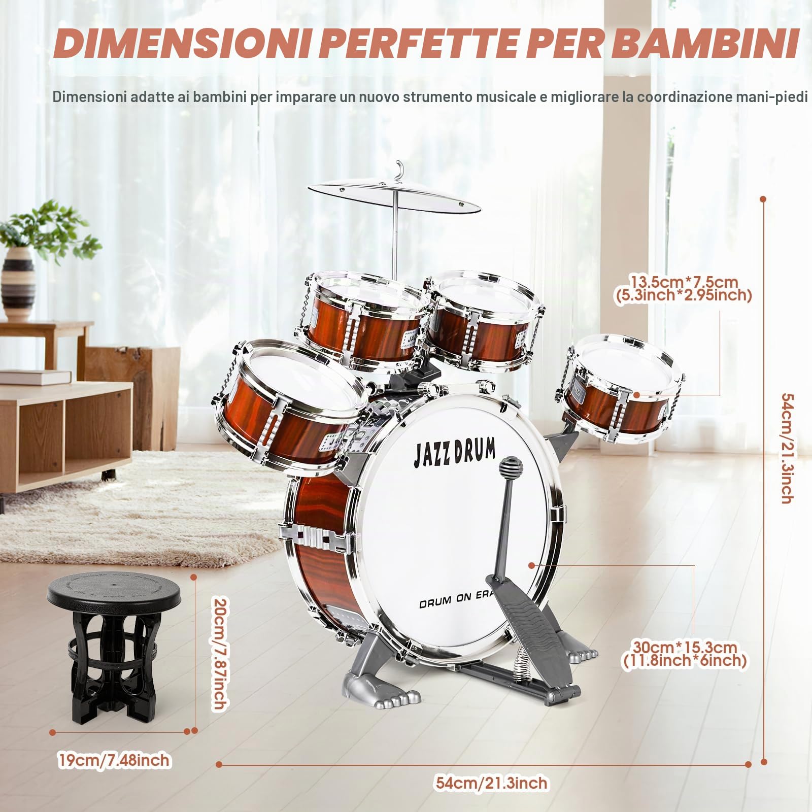 Batteria per Bambini, Drum Set 5 Tamburi con Sgabello Strumento Musicale | Batteria Musicale Bambini per Educazione Precoce, Regalo di Natale, Giocattoli per 3-5 Anni