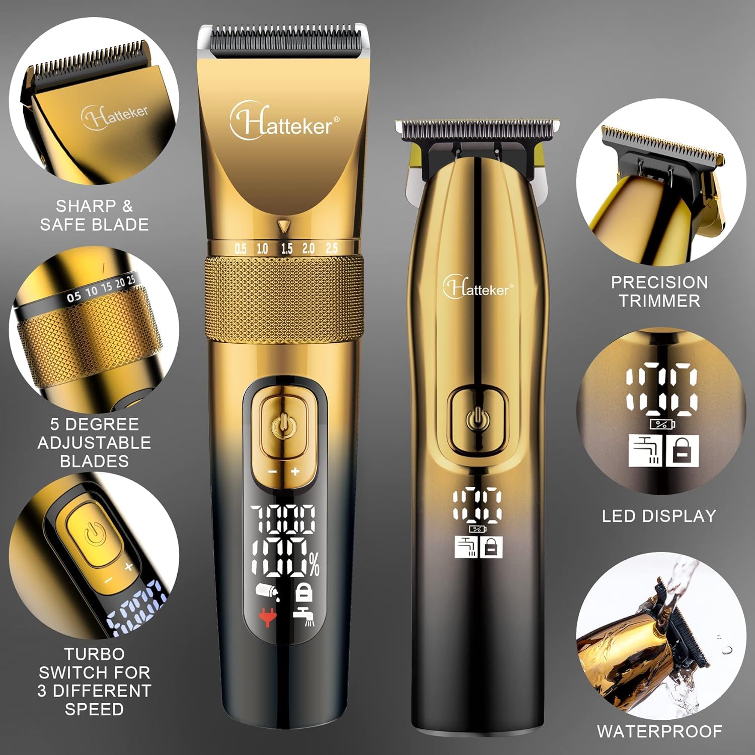 Hatteker Profi Haarschneidemaschine Set Haarschneider Pflegesets Barttrimmer Bartschneider Herren T-förmiger Trimmerkopf T-blade Trimmer Präzisionstrimmer IPX7 Wasserdicht （golden）