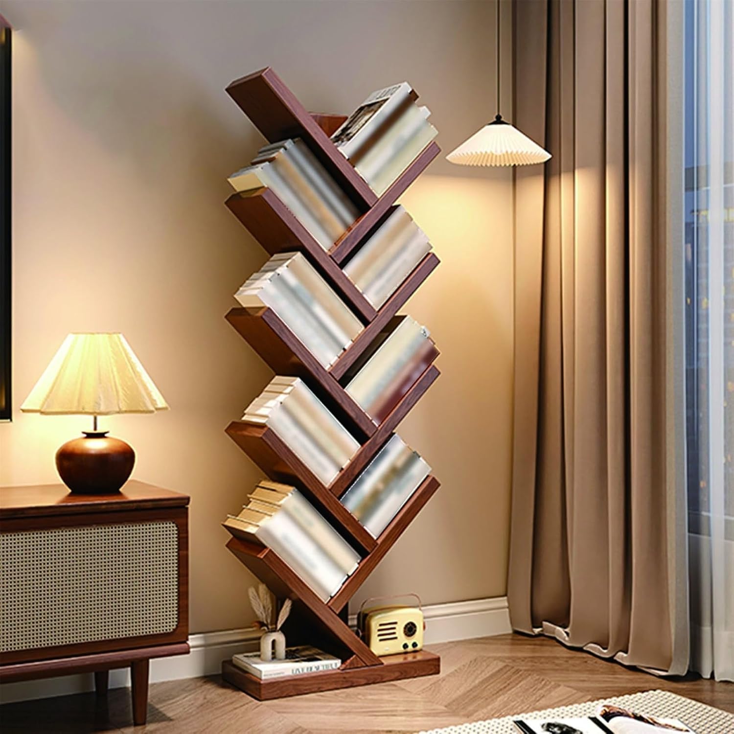 Amazon.com: Zdlopteron 5-9 Tier Solid Wood Tree Bookshelf,Rubber Wood ...