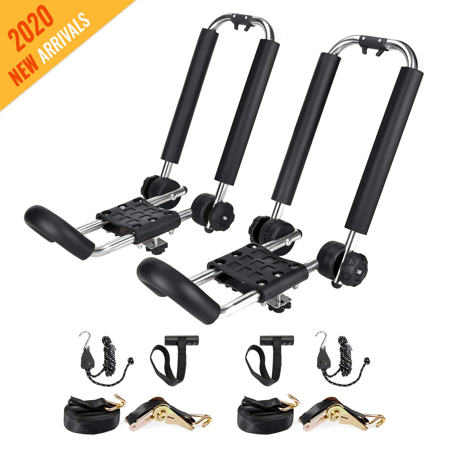 AA-Racks Stainless Steel J-Bar Rack Roof Top Mount with Ratchet Straps, Ratchet Bow and Stern Tie Down Straps & Anchor Straps, Folding Carrier for Your Canoe, SUP and Kayaks on SUV Car Truck