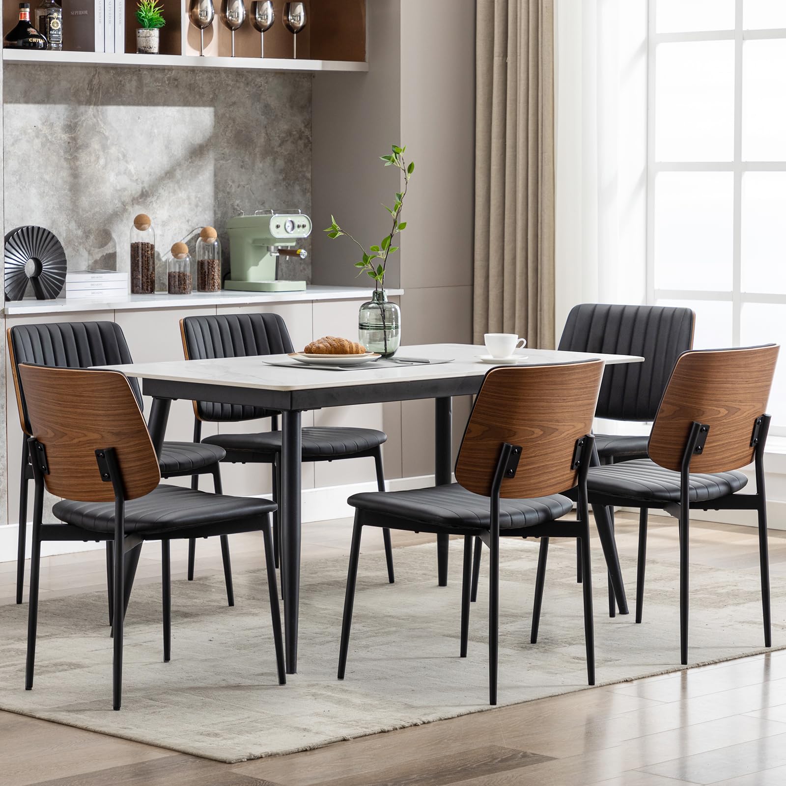 Okeysen Black Dining Chairs Set of 6,Leather Mid Century Modern Dining Chairs with Bentwood Back and Upholster Seat,Armless Kitchen Chairs with Metal