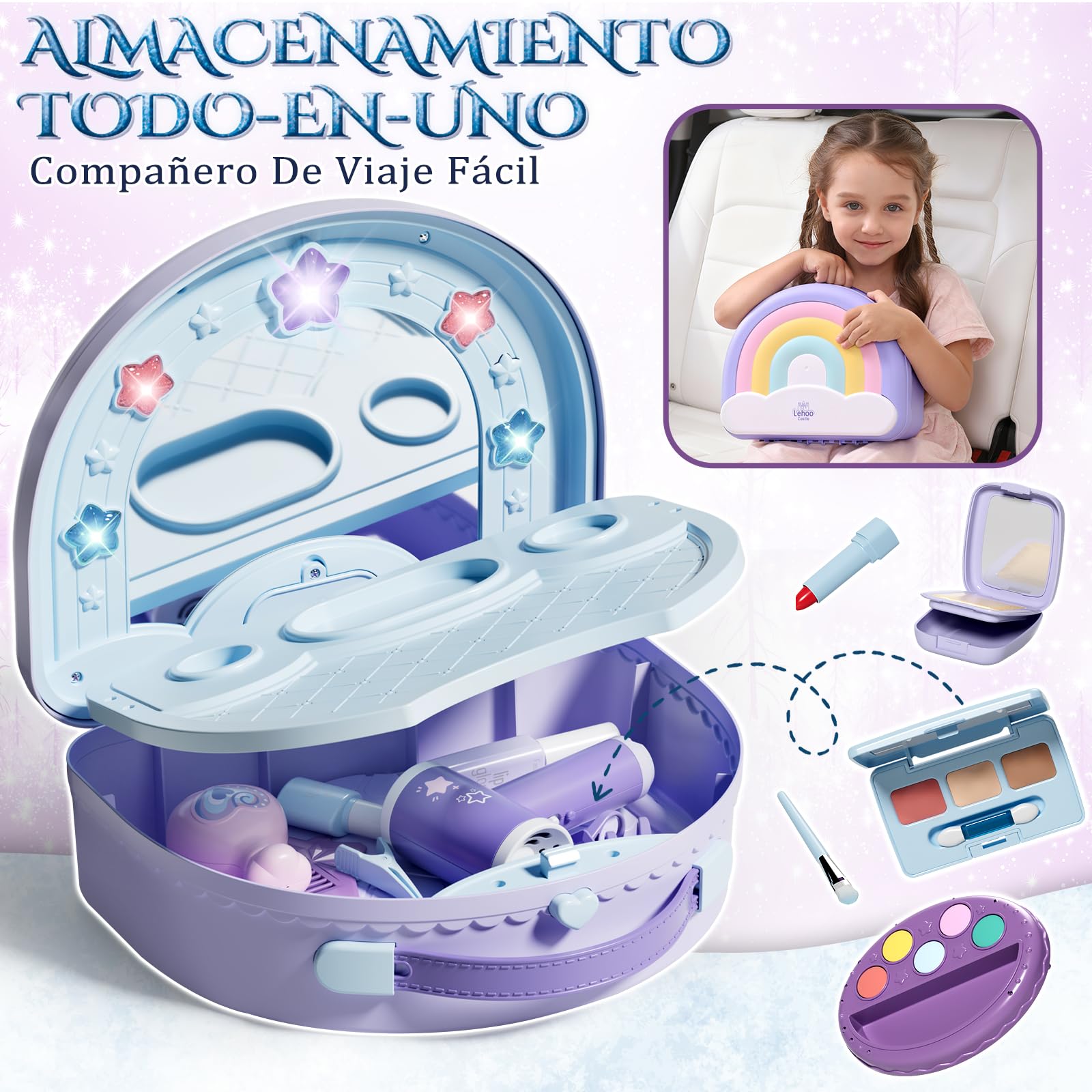 Lehoo Castle Juguete de Tocador para Niñas de 3, 4 y 5 Años, Tocador Portátil 2 en 1 con Kit de Maquillaje de Juguete, Tocador Infantil con Luces y Música, Regalo de Cumpleaños para Niñas a Partir